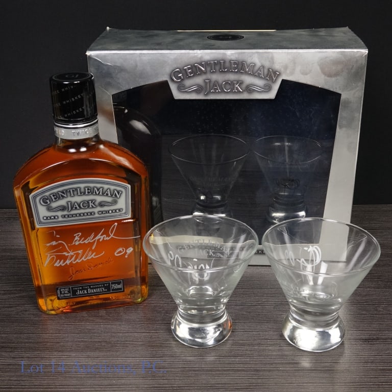 Gentleman Jack Rare Whiskey Gift Set (Signed): Gentleman Jack Rare Tennessee Whiskey, 80 Proof, 750 ml, signed by Master Distiller Jimmy Bedford (2009). Gift set includes 2 cocktail glasses also signed by Bedford. Box included to house full set.