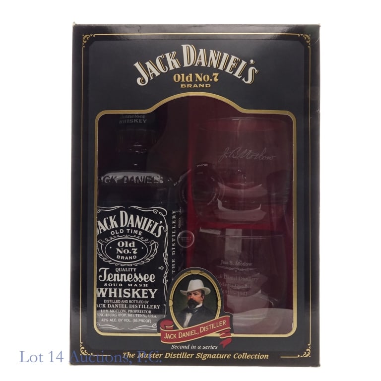 Jack Daniel's Tenn. Whiskey Jess Motlow Gift Set: Jack Daniel's Tennessee Whiskey, 86 Proof, 750 ml. Master Distiller Signature Collection 2nd in a Series. Gift set includes 2 drinking glasses commemorating Master Distiller Jess B. Motlow from 1911-1