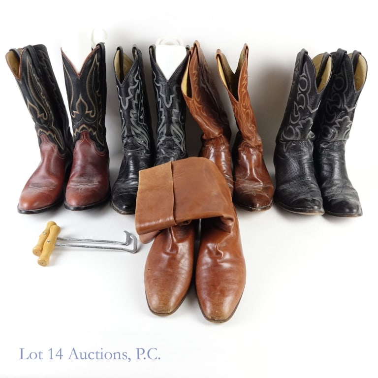 Cowboy Boots (5 Pairs): 5 pairs of cowboy boots with a pair of boot pullers. Brown 13" leather boots. Made in Italy. Marked "Vero Cuoio", signifying that they are made of real Italian leather. Size 11. **** Ben Miller boots.