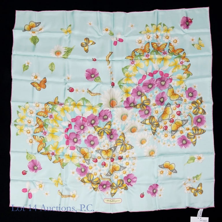 Salvatore Ferragamo Silk Scarf: Salvatore Ferragamo Silk Scarf. In original box, with price tag attached. Appears unused. See photos for more details.