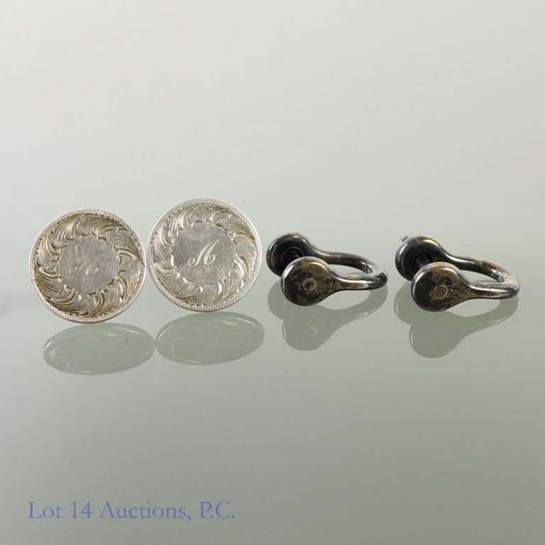 Scandinavian Sterling Silver Cufflinks (2 Pr): 2 pairs of sterling silver cufflinks: Shackle cuff-links by Ole Lynggaard Denmark. Appear to be vintage NOS. Marked "Ole L", "Sterling" and "Denmark". Pair weighs 17.7 grams. **** Oscar Aaroe engraved