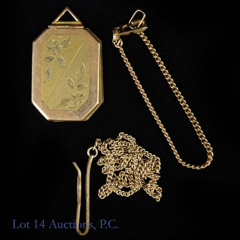 Chains (2) & Locket - 10k Y Gold: 2 chains and a locket. Both chains and the base of the locket test electronically and with acid to be 10 karat gold (note: the clip at the end of one chain is NOT gold). Chains (less clip) weigh 8.9 g