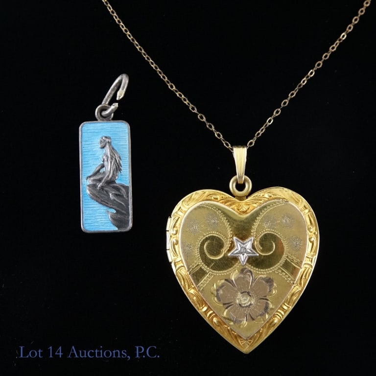 Gold Filled & Diamond Locket, Sterling Pendant: 2 pieces of jewelry: 14K GF chain with 1/20 12k gold filled locket with small diamond. Contains a picture of a woman inside the locket. The back says "P.K. from Mother". ** Danish sterling silver enam