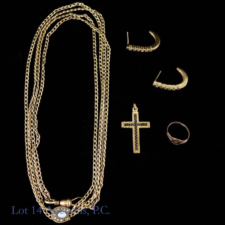 Earrings, Cross, Charm, Ring - 12k Y Gold: Pair of earrings, cross pendant, and charm on watch chain. None of these are marked, but electronically measure and with our acid tests measure at 12 karat gold (note: the watch chain is NOT gold - on