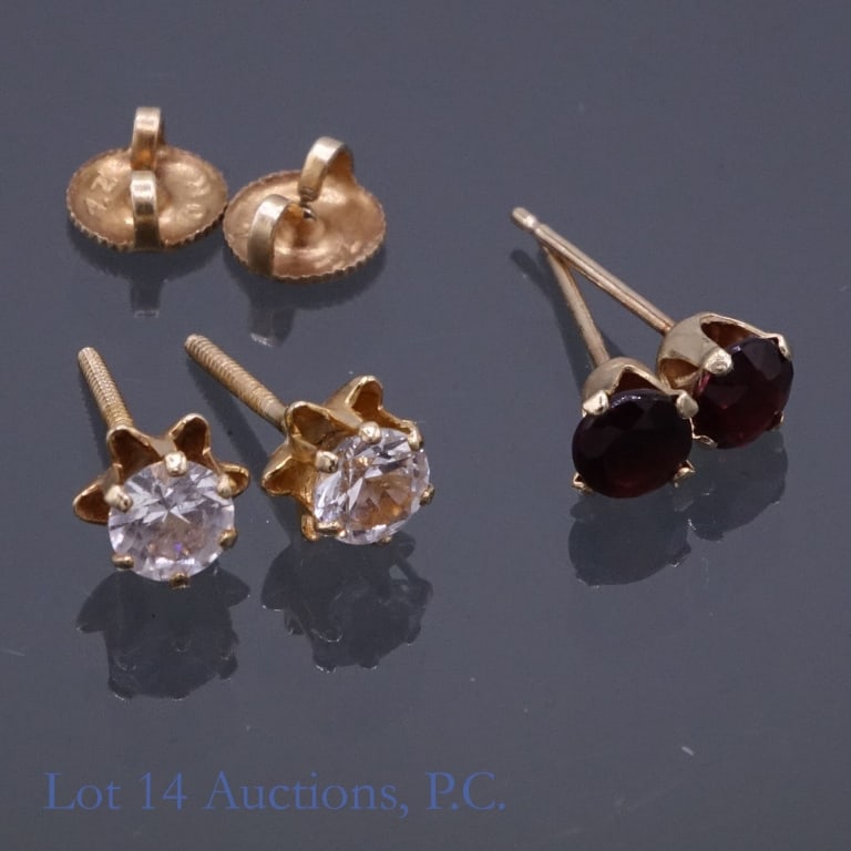 16k & 10k Y Gold Stud Earrings (2 Pair): 2 pairs of earrings: 16 karat gold (unmarked, but tested electronically) and garnet stud earrings. No backs. Total weight of this pair: 0.3 grams. ***** 10 karat gold screwback (marked 10k on backs) a