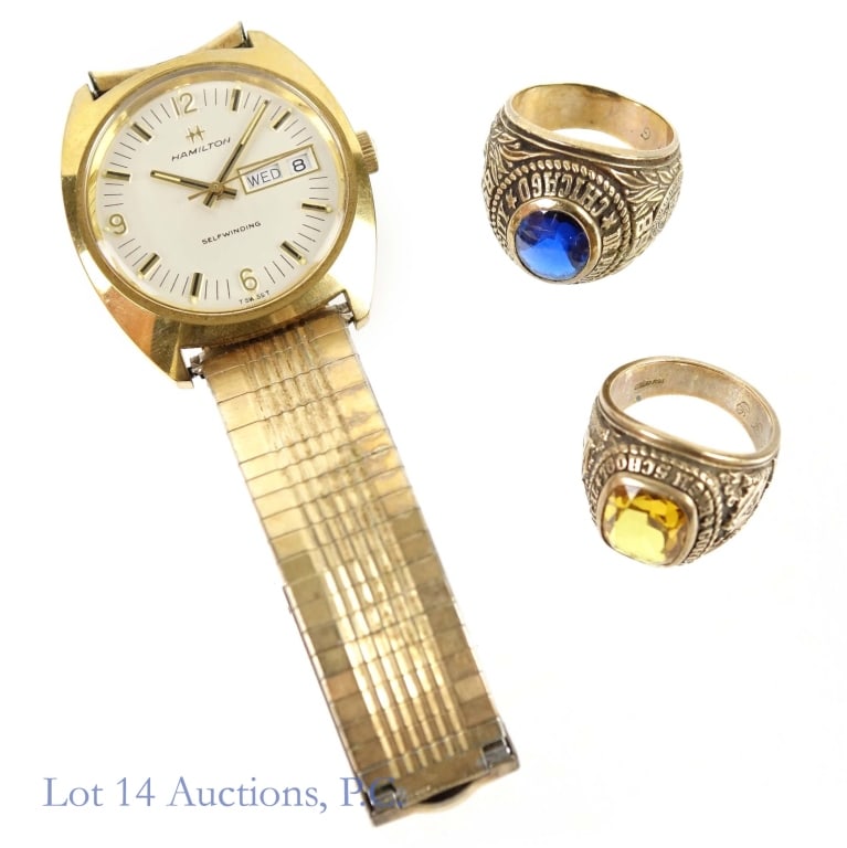 10k Y Gold Class Rings + Hamilton Watch: Hamilton self-winding watch. Engraved on back with personal information and a 1979 date. Runs. ***** 1964 Gordon Technical High School (today "DePaul College Prep HS, Chicago, IL) yellow gold class ri