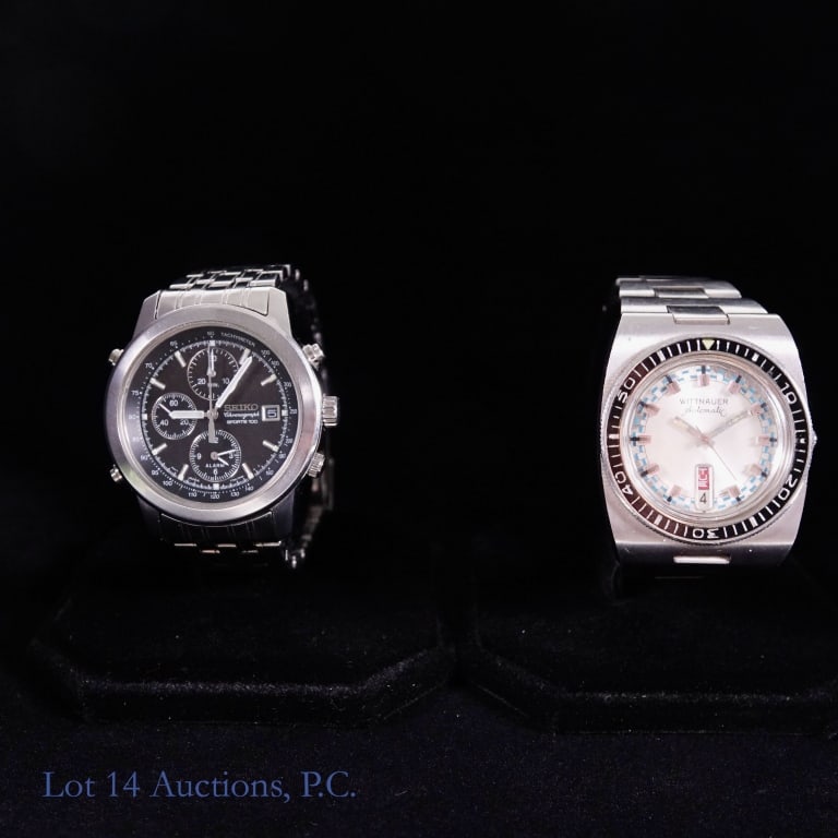 Seiko 7T32, Wittnauer Dive Watches (2): Seiko 7T32, Wittnauer Dive Watches (2). Wittnauer Automatic, day & date steel divers watch circa 1970 with original band, 37mm case, not running. Seiko 7T32 calibre alarm chronograph, date, alarm, tac