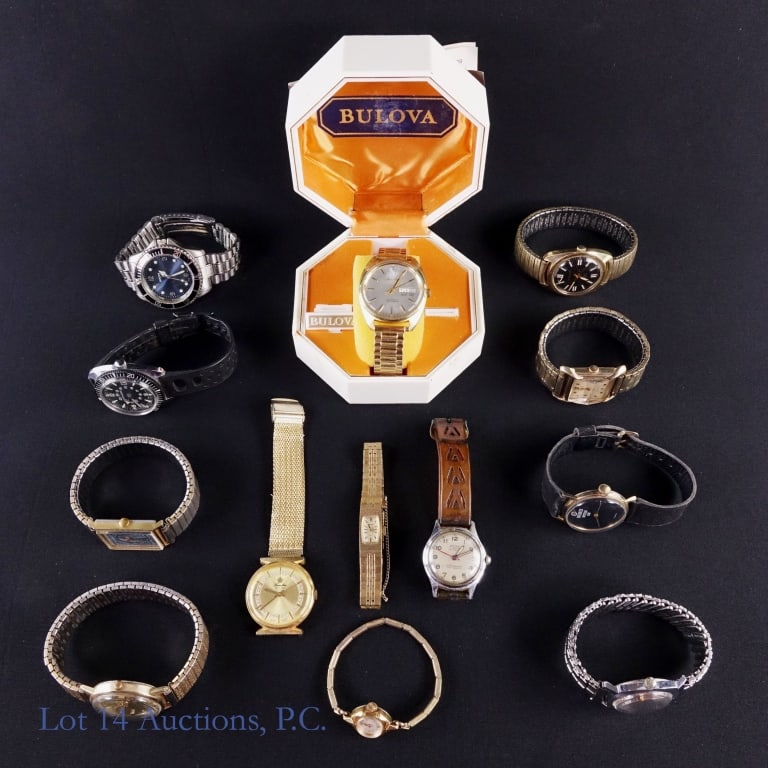 Men's Wristwatches (Bulova, Elgin, Royce, More): Collection of 11 men's (and 2 women's) wristwatches. Al watches are reported to be working, except where noted: Bulova Automatic. Original rougher condition box. Watch is engraved. Instruction manual 