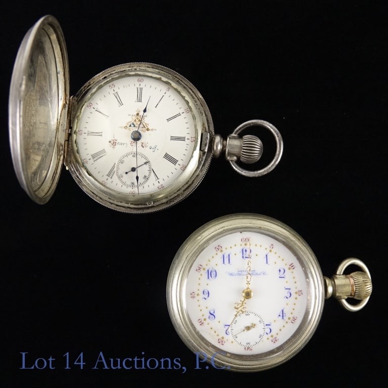 Waltham Pocket Watches: Waltham Pocket Watches. A pair of Waltham pocket watches. Watch #1 - Waltham and Henry ?. Wolf. on face. Case - Etchings on outside, inside - A.M. Watch Co. Waltham Mass. Warranted Coin Silver 21212.