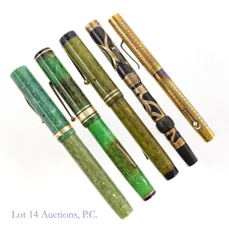 Wahl, Sheaffer, Crescent Filled Fountain Pens (5): Wahl, Sheaffer, Crescent Filled Fountain Pens (5). Wahl Eversharp, bent tip, gouge on cap near end, cap does not screw on. Other Wahl, 14K nib deterioration near lever. Sheaffer 7-30, crack and scrape