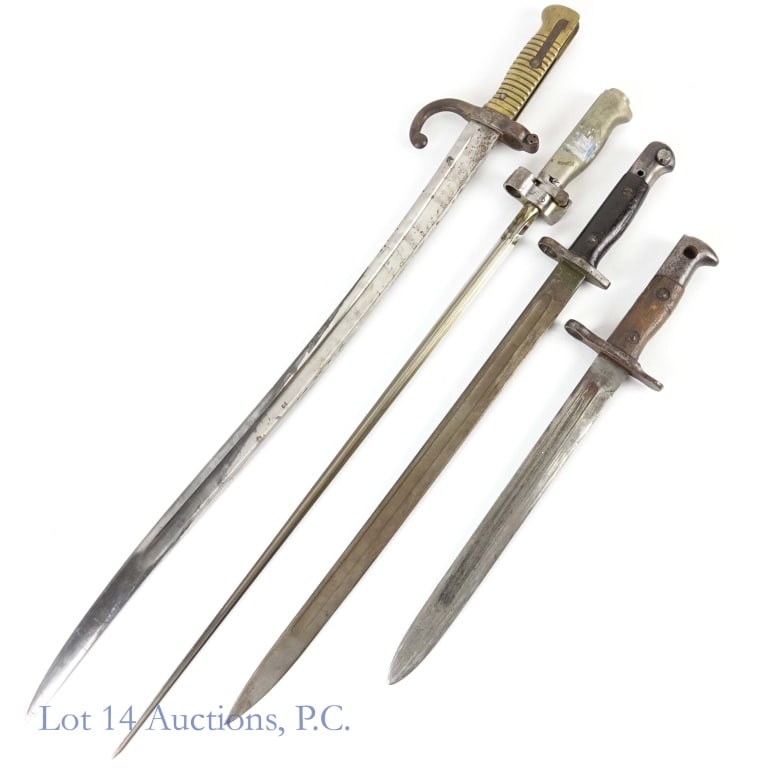 Bayonets (4): 4 bayonets: French bayonet. Spine engraved "Mre di Armes de Chat 11 April 1874". On one side, ricasso stamped with "M" in circle and "S" in diamond. Scabbard and hilt both marked "4958". 22.5" from hi