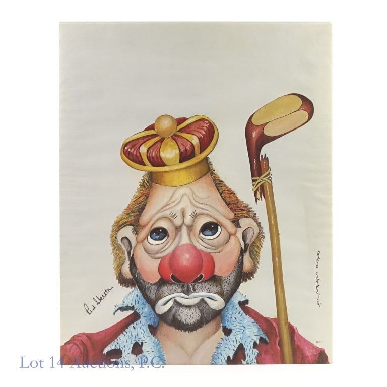 1972 Red Skelton "King of Golfers" Signed Print: 1972 Red Skelton "King of Golfers" Signed Print. Signed on the bottom left and right side of the piece by Red Skelton. Measures approximately 20"L x 16"W. This piece is not framed, but it does come wi