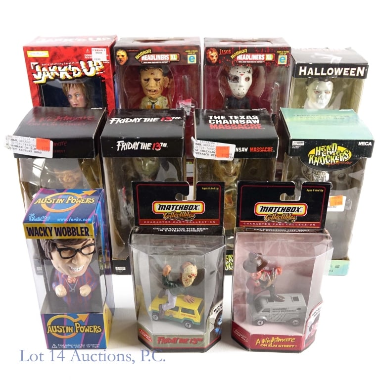 Horror Head Knockers (11): Horror Head Knockers (11). A collection of horror themed displayable toys as well as WWF and Austin Powers, all in original boxes. Most appear to have never left the boxes, matchbox cars may have. Lig