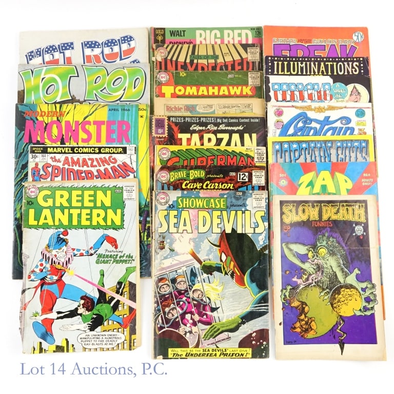 DC Comics Green Lantern #1 (1960) and More (19): DC Comics Green Lantern #1 (1960) and More (19). Green Lantern #1 from 1960, cover is attached with one staple with creases, bent edges and tears. Also included DC Comics Showcase #28, 1960's counter 