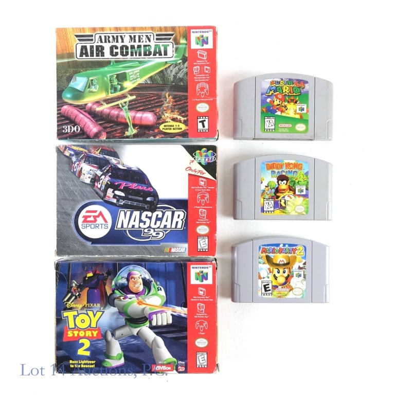 Nintendo 64 Games (6): 6 Nintendo 64 Games: Diddy Kong Racing, Mario Party 2, Super Mario 64, Nascar 99 (with box), Toy Story 2 (with box), and Army Men Air Combat (with box).