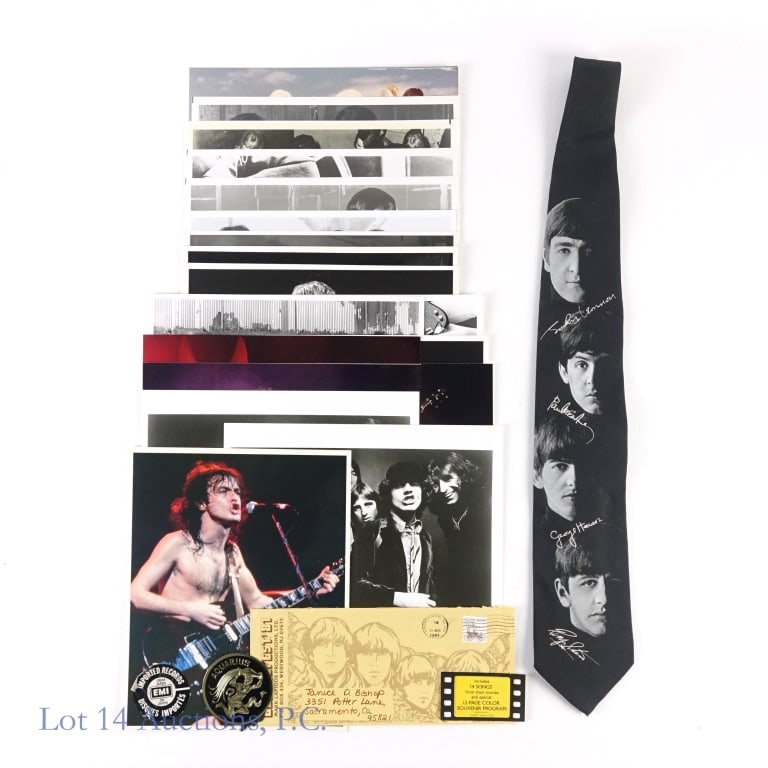 The Beatles & AC/DC Items: 1970s-1980s The Beatles & AC/DC Items. Items include: 6 prints of The Beatles, Beatlefest'81 envelope, The Beatles' signature tie by Ralph Marlin, 12 prints of AC/DC, and Avon Star Sign "Aquarius" col