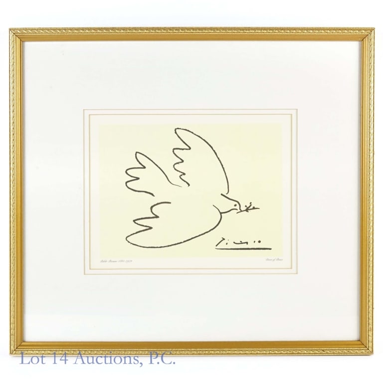 Pablo Picasso "Dove of Peace" Framed Print: A framed print by Spanish painter Pablo Picasso titled "Dove of Peace". Framed under glass. Measures approximately 17"L x 19"W with frame. Image size is 8"L x 10"W.