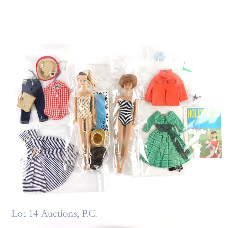 Bubble Cut Barbie, Fashion Queen & Outfits: Bubble Cut Barbie, Fashion Queen & Outfits. Bubble Cut Barbie believed to be "strawberry blonde" or "white ginger" from 1961, reproduction Fashion Queen Barbie with 2 wigs, Barbie Picnic Set, missing