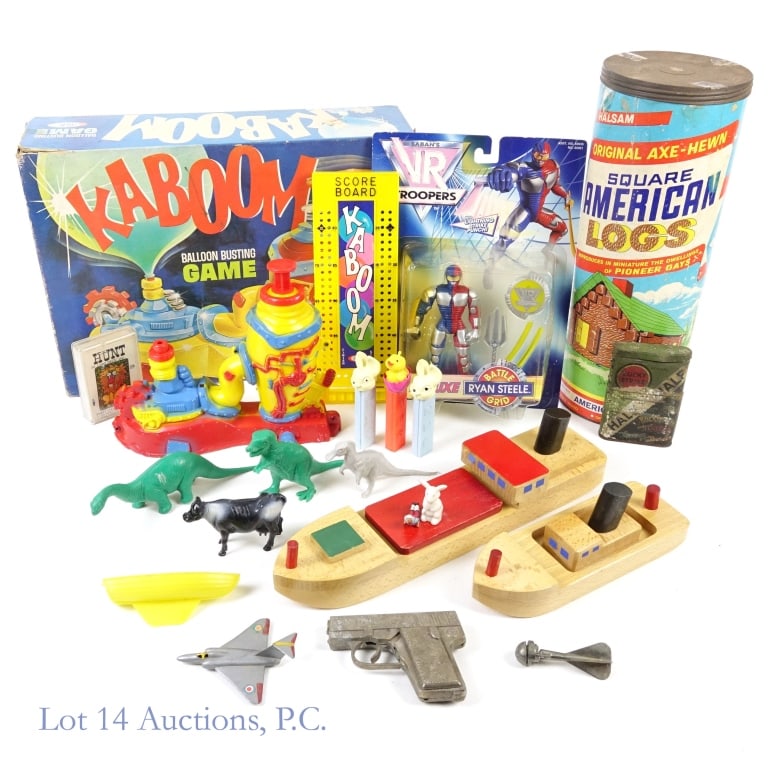 Vintage Kaboom, Halsam, Cap Gun, Boats, Toys (15+): Collection of 15+ mixed toys. Includes a variety of toys such as Kaboom Balloon Busting Game, Halsam Original Axe-Hewn Square American Logs, Saban's VR Troopers Deluxe Ryan Steele figurine, wooden boa