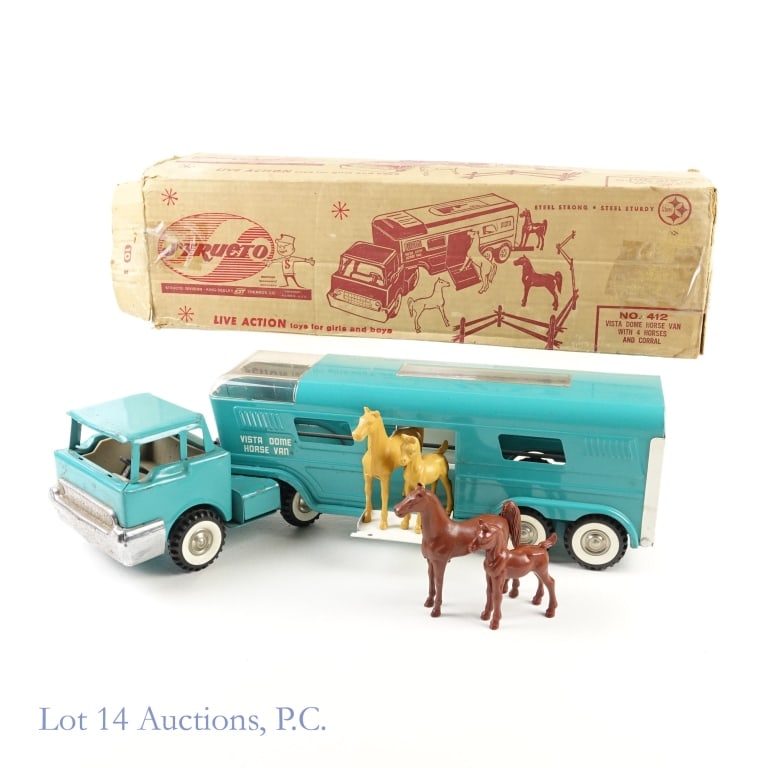 Structo Vista Dome Horse Van Toyset: Structo Vista Dome Horse Van Toyset. The Structo toy set includes the horse van and 4 original horse figures. The corral is missing from this set. It in the original box, though flaps are fragile (two