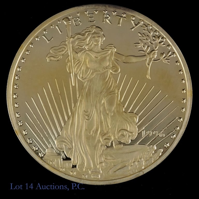 1996 Gold-Plated .999 Silver Eagle Round (8 ozt): 1996 gold-plated silver eight troy ounce round (Washington Mint). Edge number 1250 with 24 kt electro gold plating (EGP). Metal is .999 fine silver and weighs half pound (eight troy ounces). Silver co