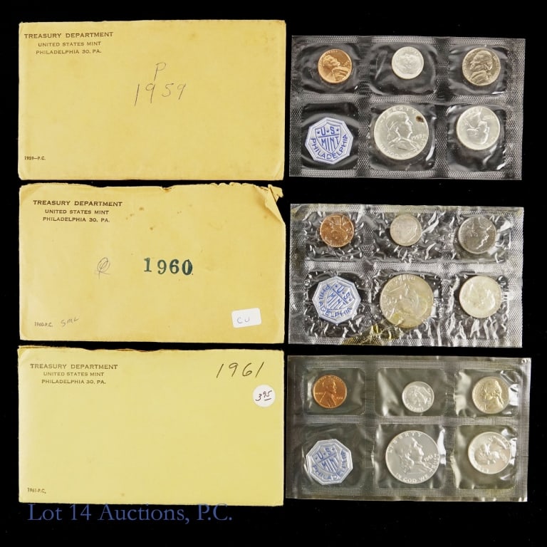 1959 - 1961 U.S. Silver Proof Sets in OGP (3): Three (3) United States Mint silver proof 5-coin sets (Philadelphia Mint) in OGP. Dime, quarter and half dollar metal is 90% silver and weigh 0.61487 ozt. each set. Dates and mintages as follows: ---1