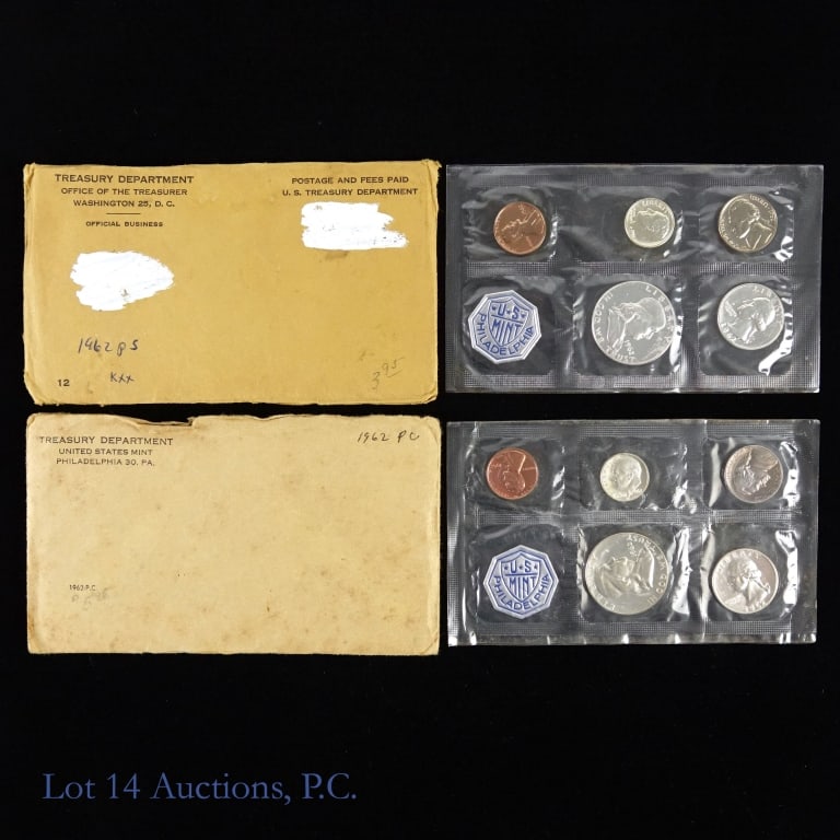 1962 U.S. Silver Proof 5-Coin Sets in OGP (2): Two (2) 1962 United States Mint silver proof 5-coin sets (Philadelphia Mint) in OGP. Dime, quarter and half dollar metal is 90% silver and weigh 0.61487 ozt. each set. Mintage is 3.2 million. *** Lot