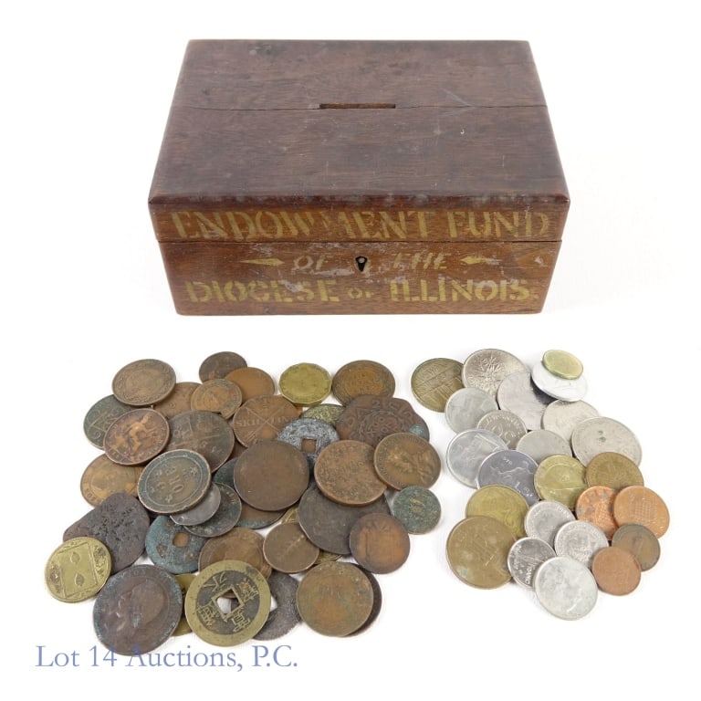 Foreign Coins in Old Wood Box (65+): Over forty (65+) foreign coins in an old wooden box as follows: ---foreign coins with many dated before 1900 (40+); and --- more foreign coins (25+). Wooden box has a slot for coins and a locking mech