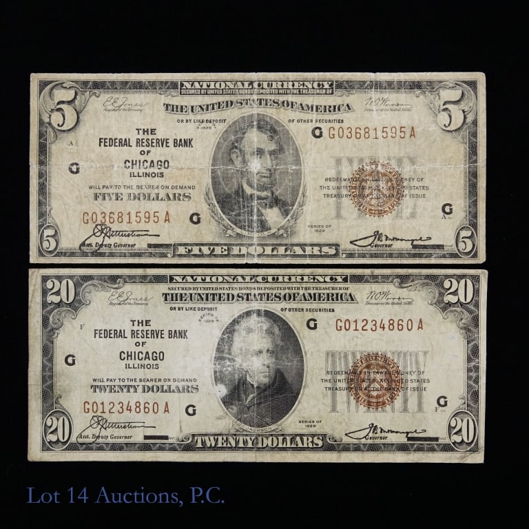 1929 $5 & $20 National Currencies - Chicago (2): Two (2) United States national currencies (brown seal) series 1929 (Chicago) as follows: ---(F-1870G) $20 S/N G01223860A (printed 444,000); and ---(F-1850G) $5 S/N G03681595A (printed 5,988,000). *** 