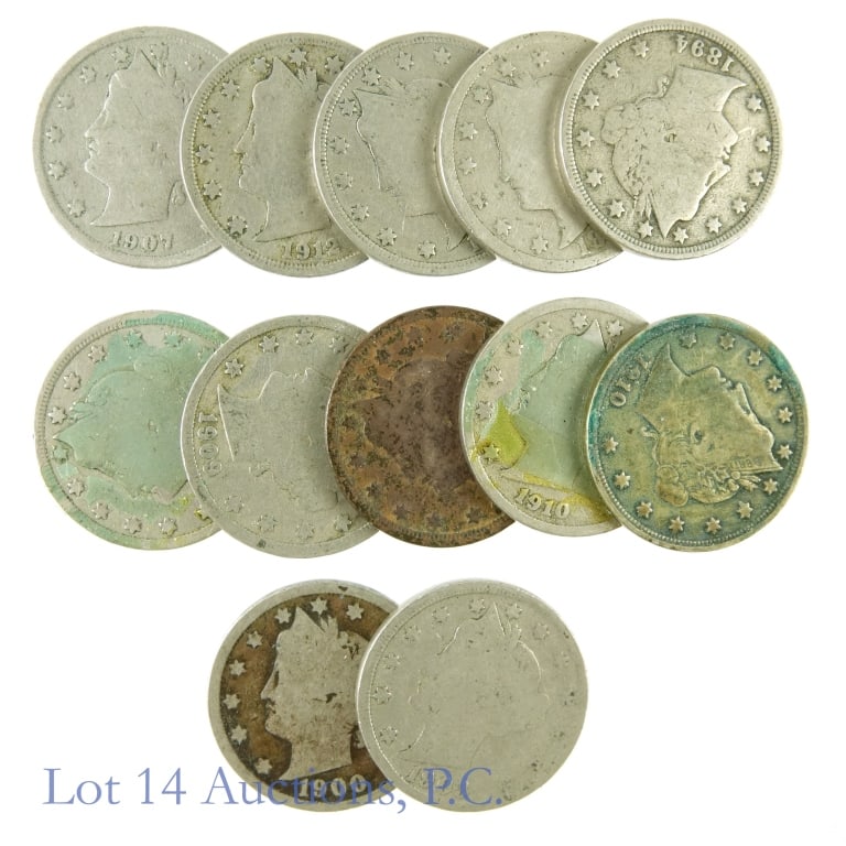 1883 - 1912 Liberty Head Nickels (12): Twelve (12) liberty head nickels as follows: ---1883 without cents, low mintage of 5.5 million; ---1894 low mintage 5.4 million; ---1898 lower mintage 12.5 million; ---1900; ---1903; ---1905; ---1906;