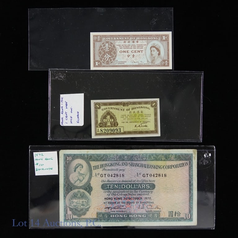 Hong Kong Currencies (3): Three (3) Hong Kong currencies as follows: ---1941 1 cent note (Unc); ---1972 $10 note; and ---1 cent note.