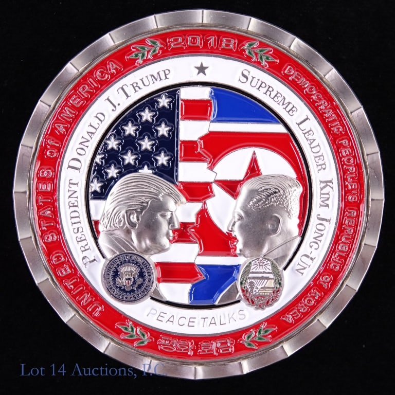 2018 Donald Trump & Kim Jung-Un Peace Talks Coin: 2018 USA President Donald Trump and Korean Supreme Leader Kim Jung-Un peace talks summit coin. "The Singapore Summit Coin" with COA numbered 38,008 from the White House Gift Shop from their "historic