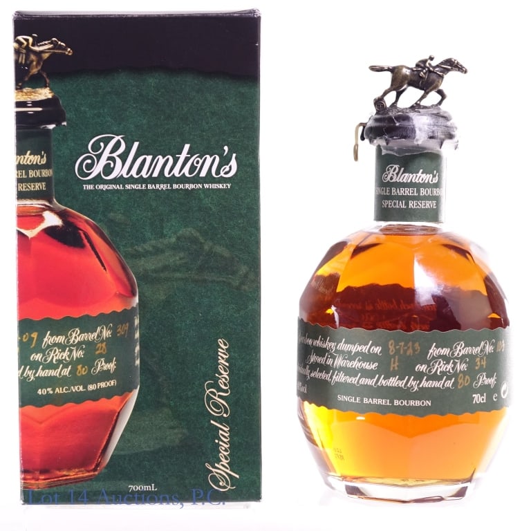 Blanton's Green Label Single Barrel Bourbon "T": Blanton's Green Label Single Barrel Bourbon, 80 Proof, 700 ml, Letter T, Dump Date: 08-07-23, Barrel #103, Bottle #277.***Vertical crack in wax seal through and through and slightly loose, parafilm al