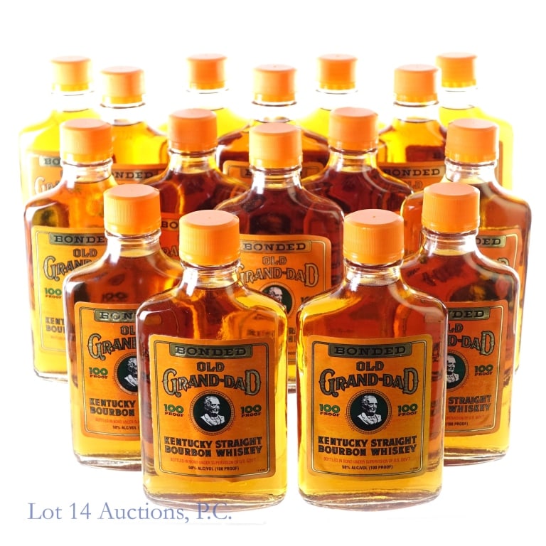 Old Grand-Dad Bonded Kentucky Bourbon 16 x 200ml: Sixteen bottles of Old Grand-Dad Bonded Kentucky Straight Bourbon Whiskey. Bottled in bond (100 proof). 200 ml. 1994/95. Some bottles show signs of wear to labels including peeling, moisture damage or