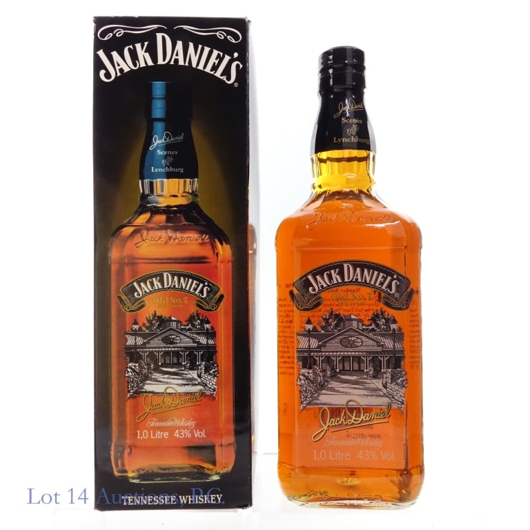 Jack Daniel's Scenes of Lynchburg 7 Whiskey (1 L): Jack Daniel's Scenes of Lynchburg #7 Tennessee Whiskey, 86 Proof, 1 Liter. Box included, slightly creased but in fair condition overall.
