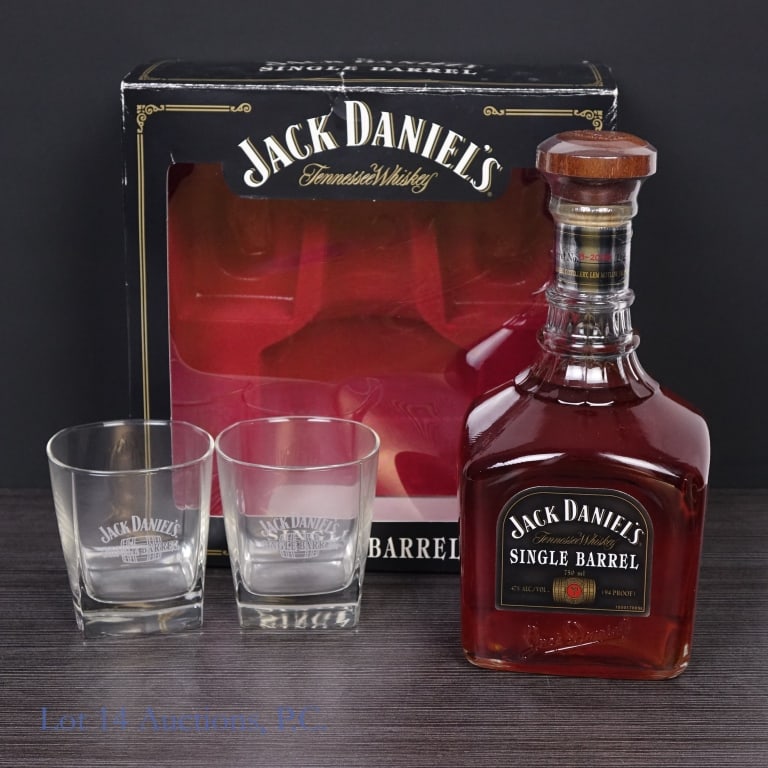 Jack Daniel's SB Tennessee Whiskey Gift Set (2008): Jack Daniel's Single Barrel Tennessee Whiskey (2008), 94 Proof, 750 ml, Bottled: 06-13-08, Barrel #8-2006. Gift Set includes 2 Jack Daniel's Single Barrel drinking glasses. Box included to house full