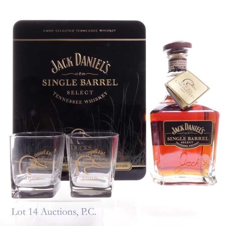 Jack Daniel's 2009 Ducks Unlimited Gift Set: Jack Daniel's 2009 Ducks Unlimited Tennessee Whiskey, 94 Proof 750 ml, Bottled: 06-10-09, Barrel #09-1809. Gift set includes two 2009 Ducks Unlimited drinking glasses. Original tin case included, case