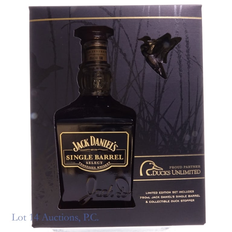 Jack Daniel's 2013 Ducks Unlimited Tenn. Whiskey: Jack Daniel's 2013 Ducks Unlimited Single Barrel Tennessee Whiskey, 94 Proof, 750 ml, Bottled: 07-22-13, Barrel #13-4161. Ducks unlimited cork included along with original gift box.