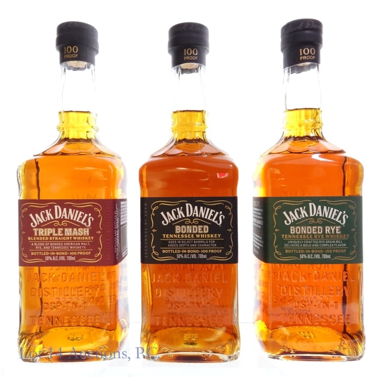 Jack Daniel's Triple Mash Bonded Whiskey & Rye (3): 3 bottles total in this lot. 1-Jack Daniel's Triple Mash Blended Tennessee Whiskey, 100 Proof, 700 ml. 2-Jack Daniel's Bonded Tennessee Whiskey, 100 Proof, 700 ml. 3-Jack Daniel's Bonded Tennessee Rye