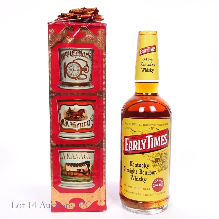 1960s Early Times 4 Year Bourbon: Early Times 4 Year Bourbon, 86 Proof, 4/5 Quart, early 1960s-late 1970s tax strip, "68" glass molding. Tax strip in good condition with little to no tearing. Box included.