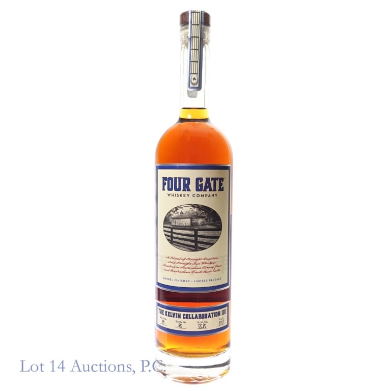 Four Gate Kelvin Collaboration IIII Bourbon: Four Gate Kelvin Collaboration IIII Barrel Finished Limited Release Bourbon, 111.7 Proof, 750 ml, Batch #19, Bottle #85.