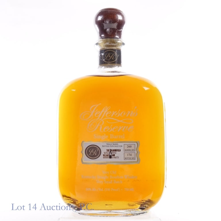 Jefferson's Reserve Single Barrel Bourbon Pick: Jefferson's Reserve Single Barrel Bourbon, 100 Proof, 750 ml, Bloomfield Wine & Spirits and The Wine Village Private Selection, Barrel #260, Bottle #174.