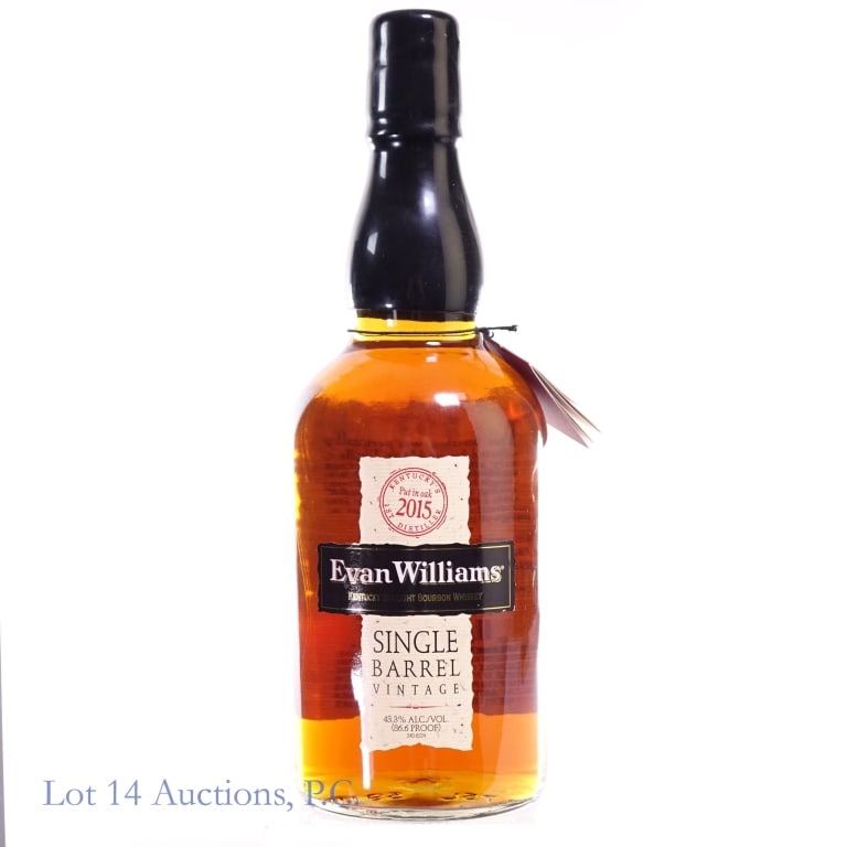 Evan Williams Single Barrel Vintage Bourbon 2024: Evan Williams Single Barrel Vintage Bourbon (2024), 86.6 Proof, 750 ml, Bottled: 02-14-24, Barreled: 01-24-15, Barrel #280. Large scratch on wax seal, likely a manufacturing error and NOT a crack.