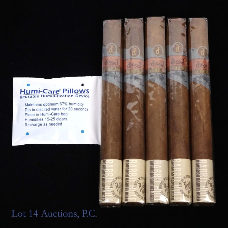 Diesel Whiskey Row Churchill Cigars (5 Pack): Diesel Whiskey Row Rabbit Hole bourbon barrel aged Churchill Cigars, 7" x 49, Pack of 5, Wrapper: Ecuadorian Habano, Origin: Nicaragua. Consigner stored these cigars since original purchase in a humid