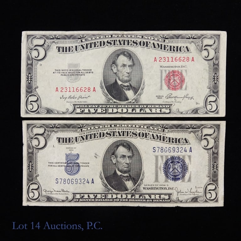 1934-D $5 Silver Certif. & 1953 $5 U.S Note (2) (1 of 3)