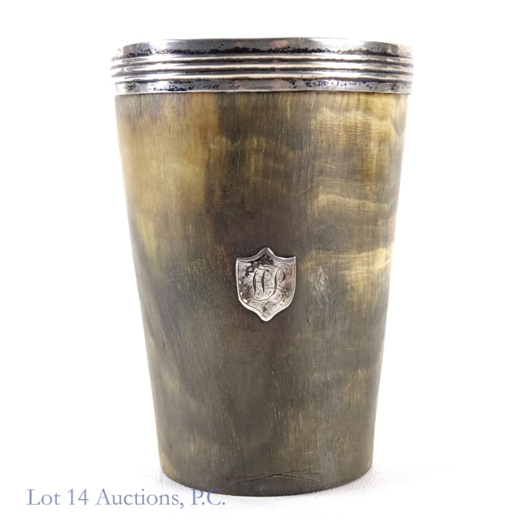 Silver Mounted Horn Cup: Silver mounted horn cup. 4.5" tall. Approximately 3.25" wide at widest point. Engraved initials on side of cup may be "H L". Light tarnishing. Small chip on bottom rim.