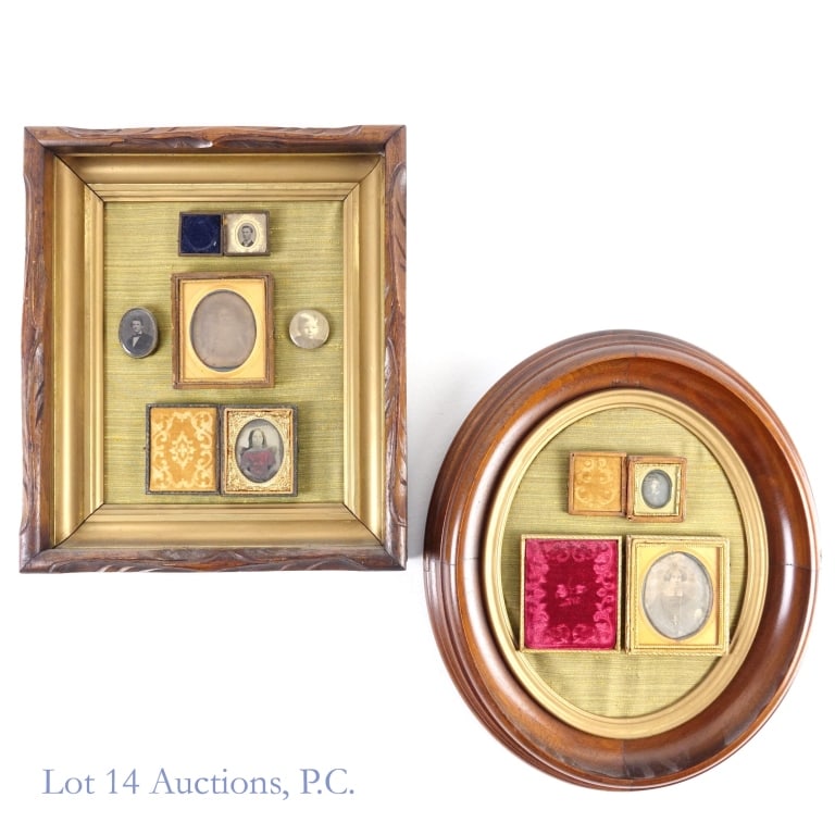 Historic Daguerreotypes & Tintypes ***: Collection of seven daguerreotypes & tintypes in wooden frames. The 12" x 13.5" wooden frame contains 5 pictures identified as William Tredenick Garrison, William Riddle, Jane Smith Remington (twice),