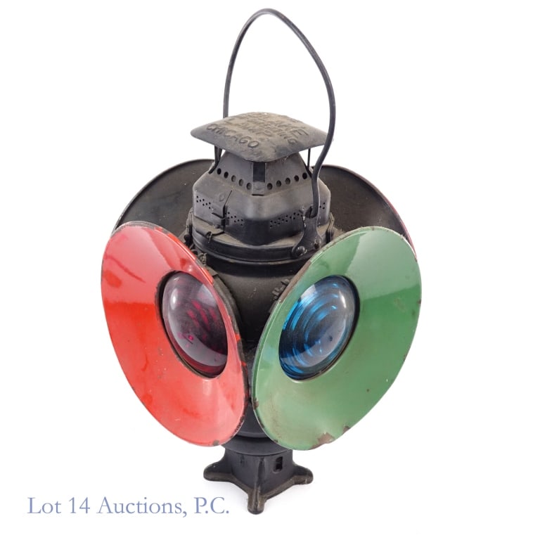 Adlake Non-Sweating Railroad Lamp: Adlake non-sweating railroad lamp. All four lenses are intact. Internal kerosene tank is present. Approximately 16.25" tall (less hanging handle - when handle is vertically extended, overall height be