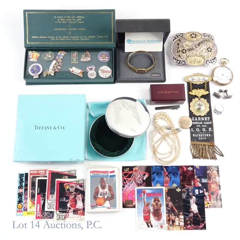 Grandfather's Drawer: Tiffany & Co trinket / dresser box. Includes T&Co blue box and sack. Cover is engraved with a Mardi Gras mask and "TECO Transport". Some wear. ****** Large belt buckle from Tres Rios Silver for the 20