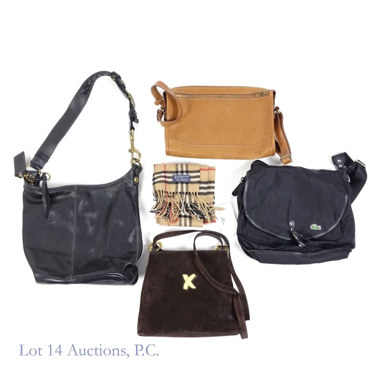 Burberry Scarf & Hand Bags: Burberry scarf. 100% lambs wool. ***** Marley Hodgson "The Original No. 10 Ghurka Bag (The Envoy)". Registered bag no. G 235. Light wear. ***** Paloma Picasso handbag. Dark brown. Approximately 11" x